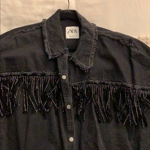 ZARA Black Denim Rhinestone Fringe Jacket (L)